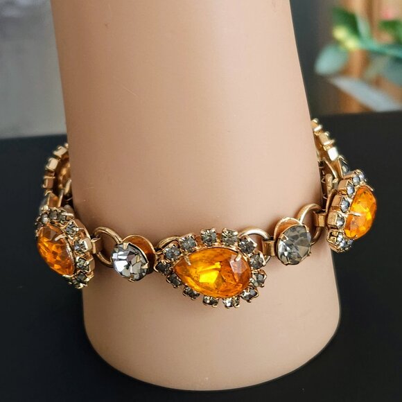 Vintage Golden Topaz and Smokey Gray Rhinestone Bracelet - Picture 1 of 7